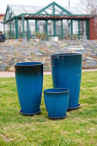 24,21,11 Inch Large Plastic Planters with Drainage Hole and Saucer - Set of 3 Tall Plant Pots Indoor Flower Pot Tall Round Planters Outdoor Large Tall Planter - color: Blue