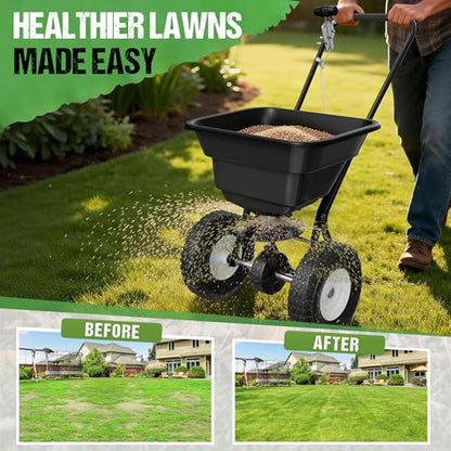 PPOLB Broadcast Spreader for Lawns, 80LB Fertilizer Spreader with 25-Level Flow Control, Walk Behind Lawn Seed & Salt Spreader, 0–10FT Coverage, Hopper Screen, Rain Cover, 12" Pneumatic Wheels - size: 80LBS