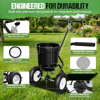 PPOLB Broadcast Spreader for Lawns, 50LB Fertilizer Spreader with 30-Level Flow Control, Walk Behind Lawn Seed & Salt Spreader, 0–10FT Coverage, Hopper Screen, Rain Cover, 12" Pneumatic Wheels - size: 50LBS
