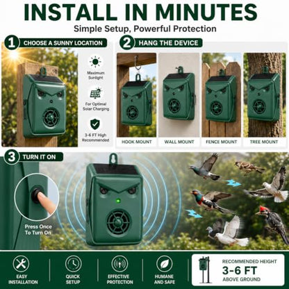 2026 Solar Bird Repellent Devices Outdoor Ultrasonic Bird Repeller Deterrents for Outside,Woodpecker Deterrent for House,USB Charging & Waterproof Pigeon Goose Bird Scare Devices for Garden,2 Pack