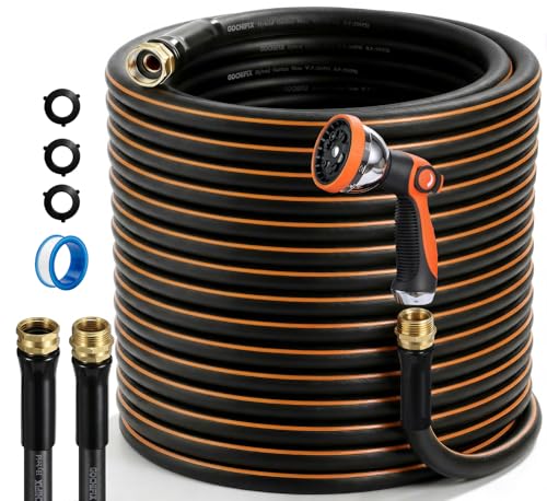 Garden Hose, 50ft 5/8" Heavy Duty Rubber Water Hose w/ 10-Mode Spray Nozzle, 550 PSI Burst, 360° Anti-Kink Swivel Connectors, All-Weather Flexible, Leakproof 3/4" Brass Male to Female Fittings - size: 50ft