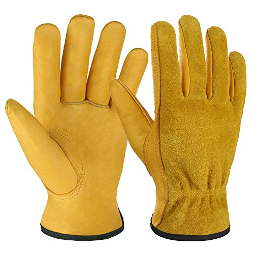 OZERO Leather Work Gloves, Gardening Gloves, Flex Grip, EN388, 1 Pair, S - color: Gold(1 Pair), size: Small