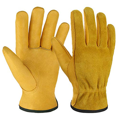 OZERO Leather Work Gloves, Gardening Gloves, Flex Grip, EN388, 1 Pair, S - color: Gold(1 Pair), size: Small