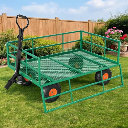 Heavy Duty Steel Garden Cart - 1200 lbs Capacity Outdoor Utility Wagon, Removable Sides, 13" Wheels, 2-in-1 Handle, Ideal for Yard, Lawn, Garden Tasks - Green + Orange | 1200 lbs | Green + - color: Green and Orange, size: 1200 LBS