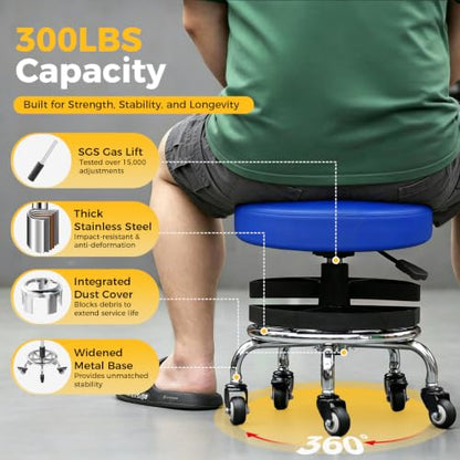 Rolling Shop Stool with Wheels,Mechanics Garage Work Stool,Blue - color: Blue
