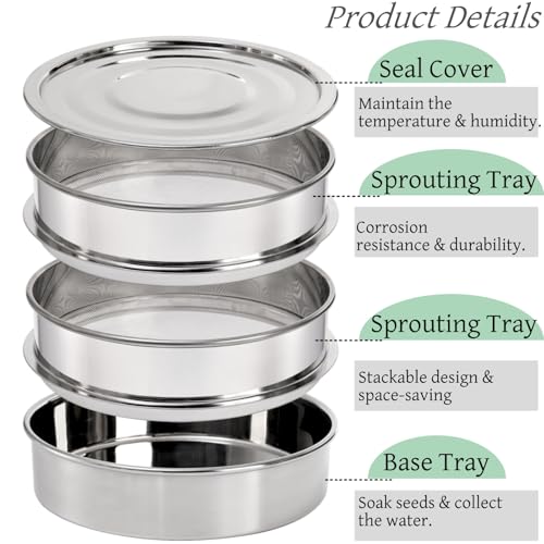 Tlence 9" Stackable Stainless Steel Seed Sprouting Kit, 3-Tier Mesh Germination Tray, Seed Sprout Grower with Lid Base, Microgreens Propagator for Beans Peas Broccoli Wheat Grass, Soil Free