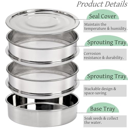 Tlence 9" Stackable Stainless Steel Seed Sprouting Kit, 3-Tier Mesh Germination Tray, Seed Sprout Grower with Lid Base, Microgreens Propagator for Beans Peas Broccoli Wheat Grass, Soil Free