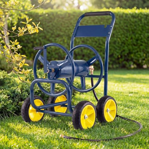 Garden Hose Reel Cart, Mobile Water Hose Cart with Heavy-duty Metal Frame & 4 Solid Wheels, Hold up to 330 ft of 5/8" Hoses, Outdoor Planting Tool for Lawn & Backyard (Navy Blue) - color: Navy Blue