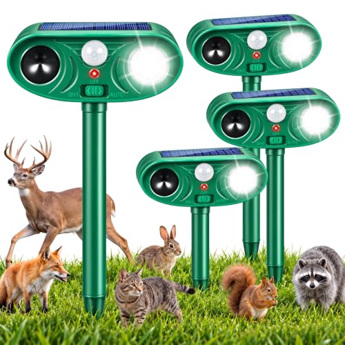 4 Pack Deer Repellent Devices, Solar Ultrasonic Animal Repeller Outdoor