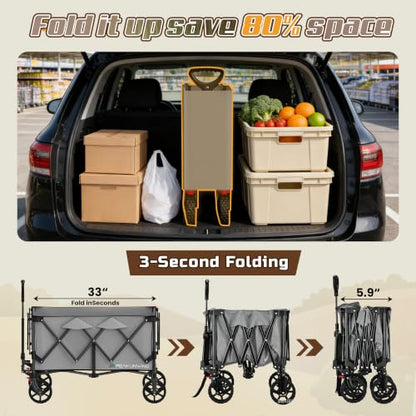 Wagons Carts Foldable,Collapsible Wagon with Wheels,450LBS Heavy Duty Beach Wagon Cart,Lightweight Portable Folding Utility Wagon Cart with Cup Holders for Camping, Garden, Sports, Grocery pcs (Gray) - color: Gray