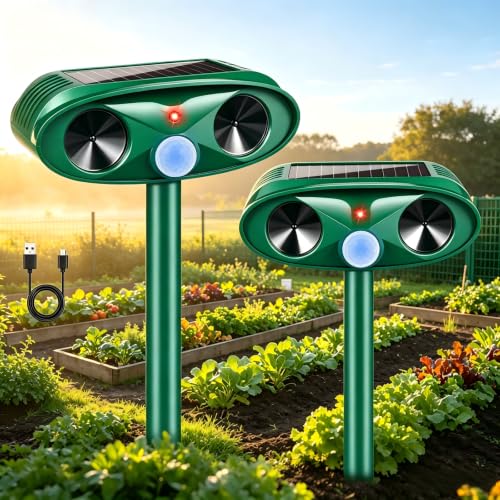 2 Pack Ultrasonic Deer Repellent Devices,Cat Deterrent Outdoor Solar Animal Repeller for Squirrel Racoon Rabbit Fox Skunk,USB Charging Waterproof Motion Sensor Sonic Fortress Pro Deterrent for Garden
