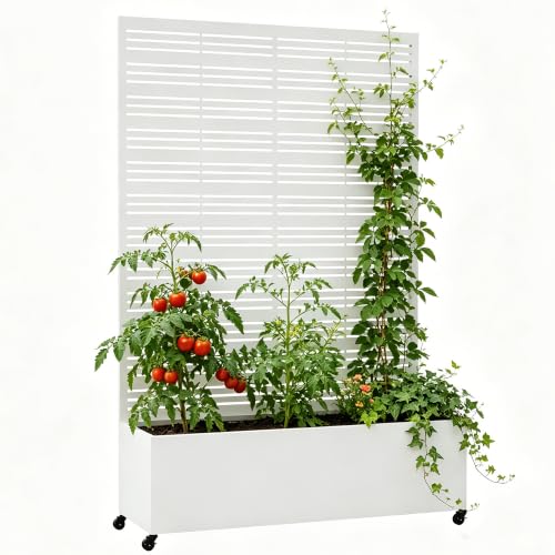 Metal Planter Box with Trellis Privacy Screen, Raised Garden Bed with Trellis & Wheels, Privacy Planters for Patio, Planter Box for Climbing Plants, Flower, 73"x 47"x 16", White Line - color: White Line, size: 73"x 47"x 16"