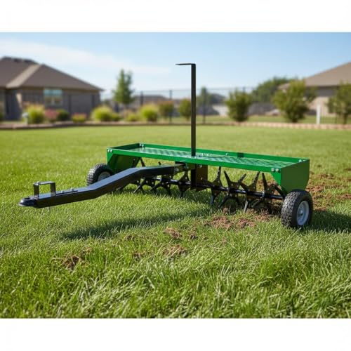 Garvee 48-Inch Tow Behind Plug Aerator,Pull Behind Aerator with Durable Steel Tines Lawn & Tray and Pneumatic Tires Tow Behind Spike Aerator for Lawn, Farm,Planting,Green - color: Green, size: 48in