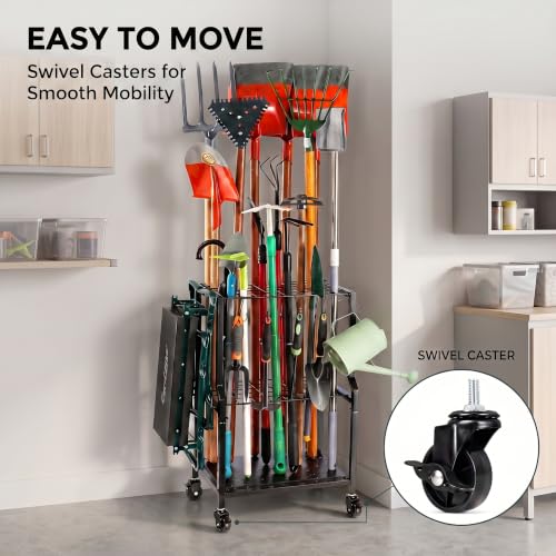 UU-Major Garden Tool Organizer for Garage Corner,Free Standing Yard Tools Rack Heavy Duty,Garage Organization and Storage Stand for Broom,Mop,Rakes,Shovel Holder for Lawn/Shed/Outdoor. - color: Quadrangel-Wheels-Black
