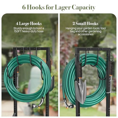 Winpull Garden Hose Holder, Metal Freestanding Hose Stand with 4 Spikes, Holds up to 150FT Hose, Sturdy Hose Reel Alternative, Heavy Duty Hose Storage for Outside Yard Lawn - color: Black-double