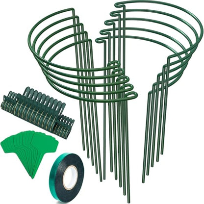 Unves 10 Pack Plant Support Stakes, 10" W x 16" H Half Round Peony Cages and Supports, Metal Peony Cage Plant Ring for Outdoor Plants Tomato Flower Vine, with Garden Labels, Clips and Ties - size: 10" W x 16" H