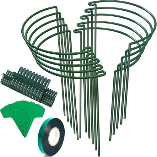 Unves 10 Pack Plant Support Stakes, 10" W x 16" H Half Round Peony Cages and Supports, Metal Peony Cage Plant Ring for Outdoor Plants Tomato Flower Vine, with Garden Labels, Clips and Ties - size: 10" W x 16" H