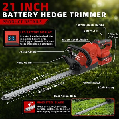 21-in 21V Cordless Battery Powered Electric Hedge Trimmer Red - color: Red