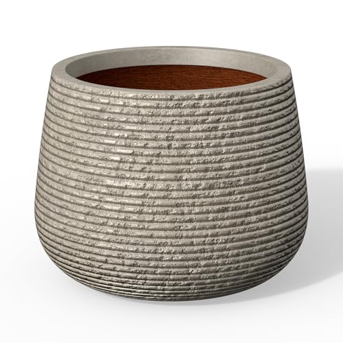 Kante Accent Round Curved Weathered Concrete Planter 17.3" Dia, Outdoor - color: Ribbed Weathered Concrete, size: 18.1"Dia x 13.8"H