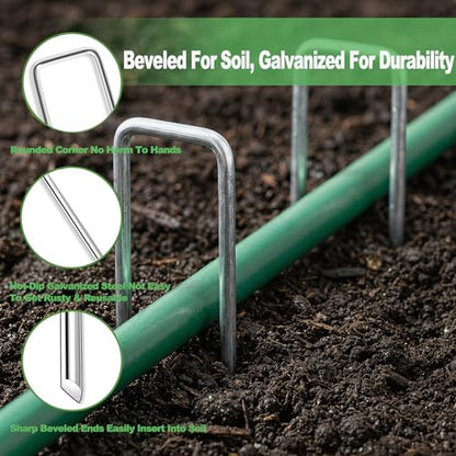 Landscape Staples 6 Inch - 50 Pack Heavy Duty U-Shaped Garden Stakes (50 Pins + 50 Gaskets), 11 Gauge Galvanized Ground Anchors for Weed Barrier Fabric, Sod, Lawn Edging (50)