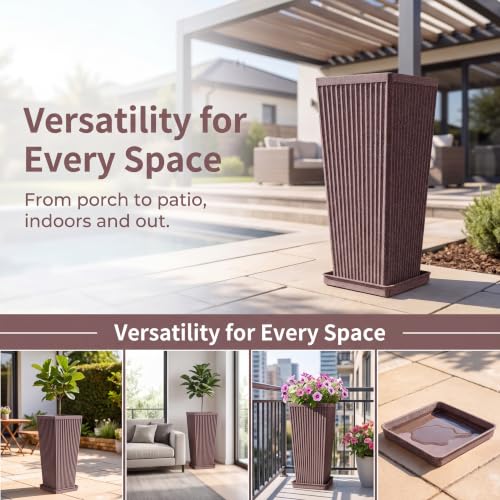 24" Tapered Tall Planters for Outdoor Plants with Tray&Shelf, Brown - color: Brown-concrete Look/Sandblasting