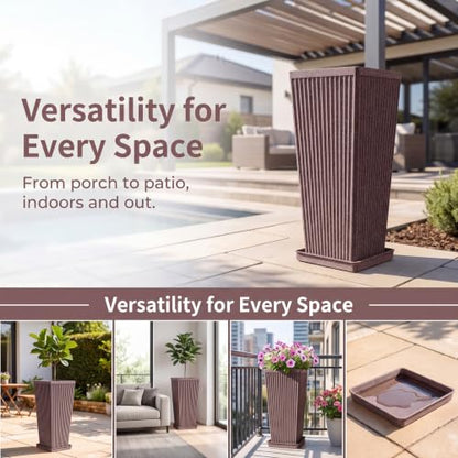 24" Tapered Tall Planters for Outdoor Plants with Tray&Shelf, Brown - color: Brown-concrete Look/Sandblasting
