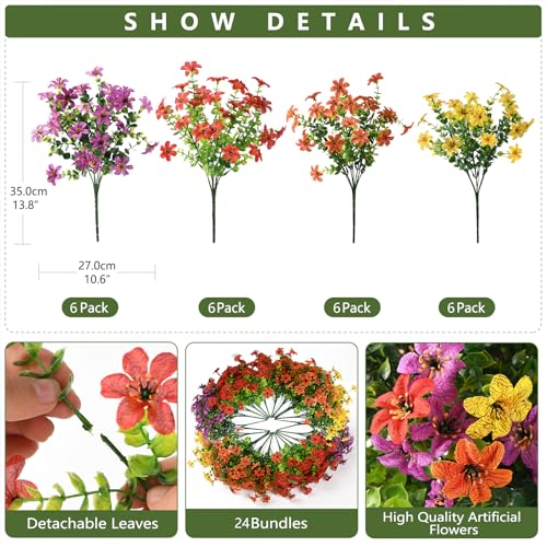 24 Bundles Artificial Flowers for Outdoors Spring Summer Decor, Realistic Faux Silk Flowers with Eucalyptus Stem, Fake Plants UV Resistant No Fade for Outside Planter Porch Patio Yard Window Garden - color: Pureple Red Orange Yellow, size: 24 PCS