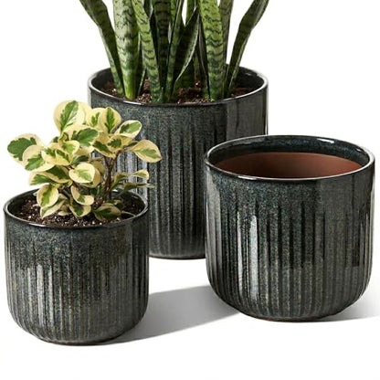 LE TAUCI Ceramic Pots for Plants, 8.3/7/6 Inch Indoor Planters with Drainage Holes & Mesh, Modern Glossy Glaze Cylinder Fluted Plant Pot for Snake Plant, Set of 3, Dark Olive - color: Dark Olive