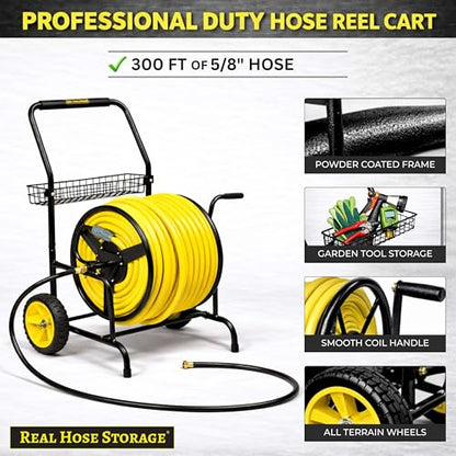 Hose Reel Cart, Hold Up to 300 ft of 5/8'', Garden Hose Cart with 2 Wheels, Heavy Duty Freestanding Water Hose Reels for Outside Garden Lawn Yard Outdoor (300ft Hose Capacity) - size: 300ft Heavy Duty Hose Capacity