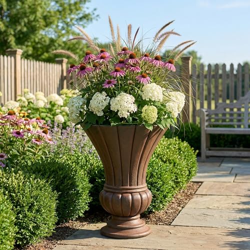 Christopher Knight Home 22.44 Inch Vintage Fluted Pedestal Urn Planter MGO Outdoor Flower Pot Large Faux Stone Garden Planter for Patio Porch Entryway Decor, Antique Bronze - color: Antique Bronze, Horn