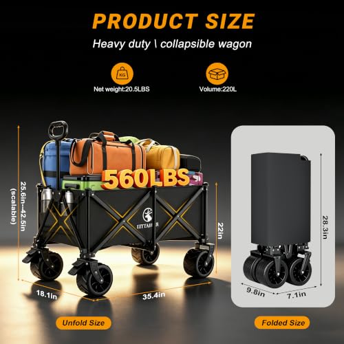 Heavy Duty Collapsible Beach Wagon with All-Terrain Wheels - color: Black