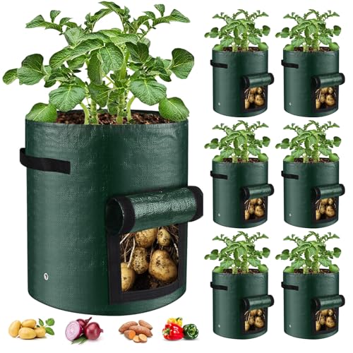 6 Pack Potato Grow Bags, 10 Gallon Planting Bags Durable PE Vegetable Planter with Flap and Handles Large Garden Pot Tall Potato Growing Containers for Vegetables, Fruits and More - size: Green-6 Pack