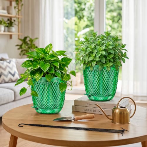 QCQHDU 7.2 Inch Self Watering Hanging Planters for Indoor Outdoor Plants,2 Pack Flower Pots Hanging Basket,Plastic Plant Hanger with Drainage Holes and 3 Hooks for Window Porch Garden Balcony, (Green) - color: Green, size: 7.2"+7.2"
