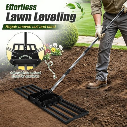 AugFir 2-in-1 Lawn Leveling Rake, Tamp and Lawn Leveler Tool，Heavy Duty Iron Dual-use 45” x 11” Base Plate with 76” Stainless Steel Handle, Quick Detach for Garden, Yard, Farm - color: Gray Black