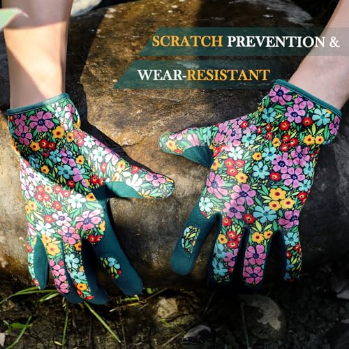 Gardening Gloves for Women, Breathable Leather Garden Gloves,Gardening Gift - color: Green - Purple Flower