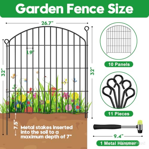 Decorative Garden Fence 32in (H) x22ft (L),Arched Rustproof Metal No Dig - size: 10 Panels-32in(H) x 22ft(L) without Gate