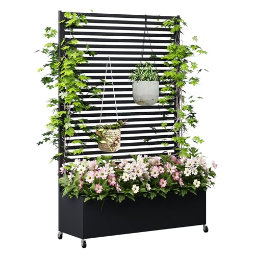 Metal Planter Box with Trellis Privacy Screen, Raised Garden Bed with Trellis & Wheels, Privacy Planters for Patio, Planter Box with Drainage Holes for Climbing Plants, 73"x 47"x 16", Black - color: Black, size: 73"x 47"x 16"
