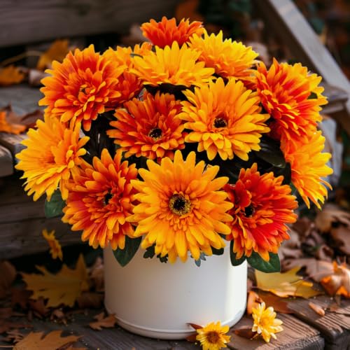 2 Bundles 16 Heads Large Artificial Mums Fake Fall Flowers for Outdoors - color: Orange Yellow