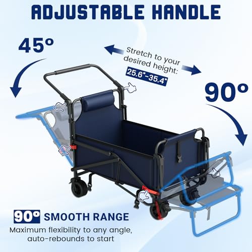 LEVELEVE Heavy Duty Folding Wagon - 2-in-1 Collapsible Cart, All-Terrain Wheels w/Brakes & Side Pockets (Blue, 400lb Capacity) - color: Blue, size: Medium