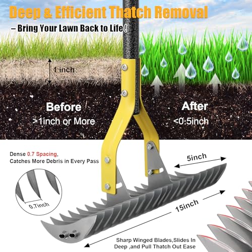Manual Thatch Rake, 15" Dual-Sided Head with 19 Sharp Tines,70" Adjustable - size: 70''