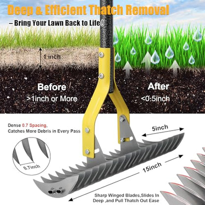 Manual Thatch Rake, 15" Dual-Sided Head with 19 Sharp Tines,70" Adjustable - size: 70''