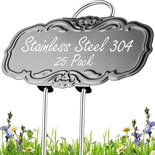 Updated Metal Plant Labels for Garden, 25 Pack Stainless Steel DIY Plant Markers Waterproof for Flowers Pots, Vegetables, Seedlings - color: Black