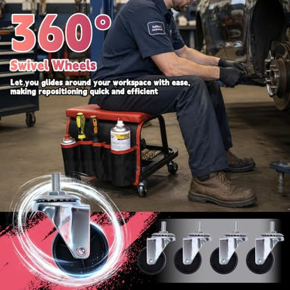 Rolling Mechanic Garage Stool on Wheels with Side Pockets, Red - color: Red