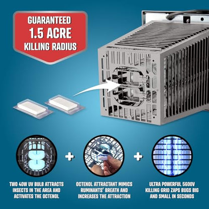 Flowtron Bug Zapper, 1.5 Acre Outdoor, Two 40W UV Bulb, 5600V Zap, Grey - color: Gray