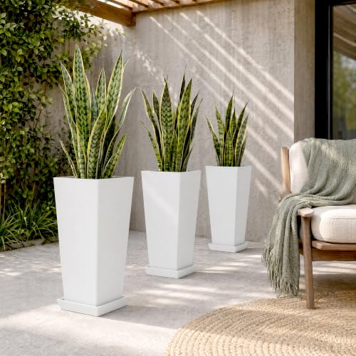 24" Set of 2 Tall White Planters for Outdoor Plants, Tapered - color: Classic White