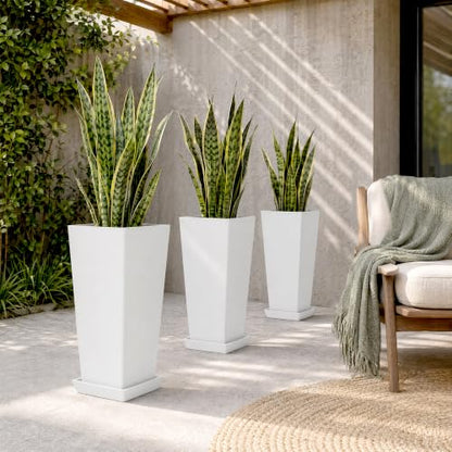 24" Set of 2 Tall White Planters for Outdoor Plants, Tapered - color: Classic White