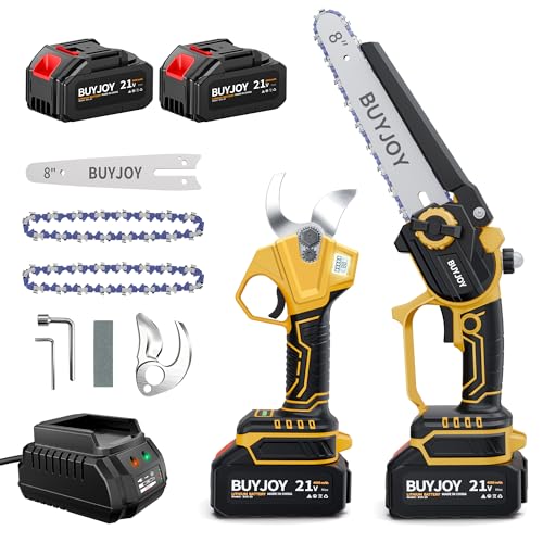 BUYJOY 2-in-1 Mini Chainsaw Cordless & Electric Pruning Shears, 8 Inch Battery Powered Chain Saw, 1.8" Branch Cutter Combo Kit with 2 x 4000mAh Batteries, for Tree Trimming Wood Cutting - color: Pale/Yellow