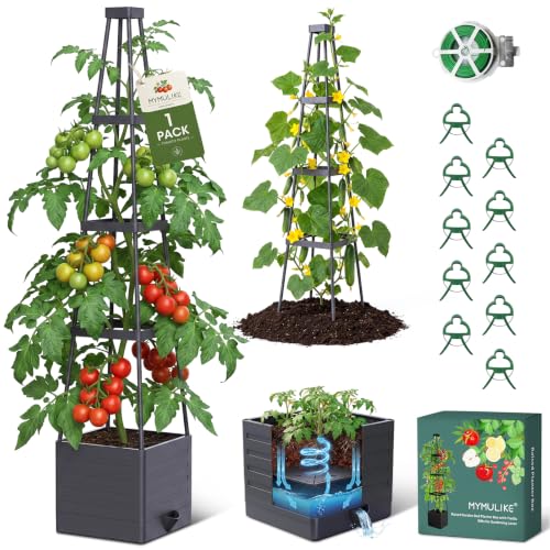 MYMULIKE Raised Garden Bed Tomato Planter with Trellis, 58" Tomato Cage for Climbing Vegetables Plant, Self Watering Pots for Indoor Plants Garden Pots Patio Greenhouse Indoor Outdoor