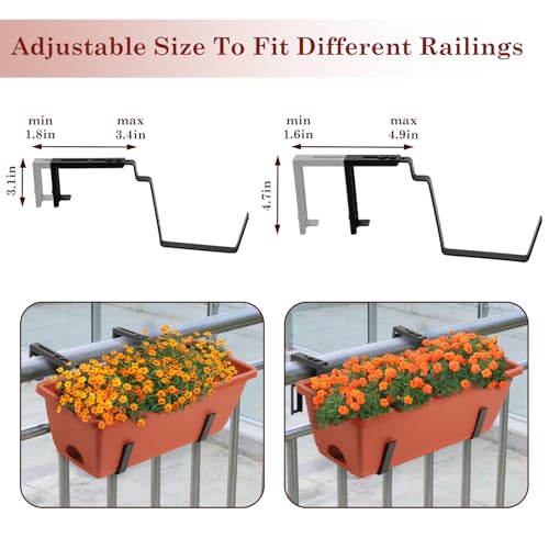 OYEAL Hanging Flower Pots for Railing Fence Outdoor Window Boxes Planter with Adjustable Hooks, Set of 2 Deck Rail Planters with 6 Detachable Plastic Planter Boxes, Drainage Holes, Brick Red - color: Brick Red