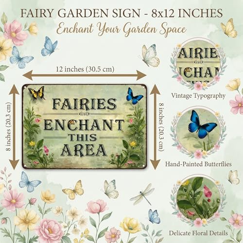Crazysign Gardening Gifts Fairy Enchanted This Area Vintage Tin Sign Magic Whimsical Wall Art for Garden Porch Patio Greenhouse Yard Decor 8x12 inch (26046) - color: Faries Enchanted This Area